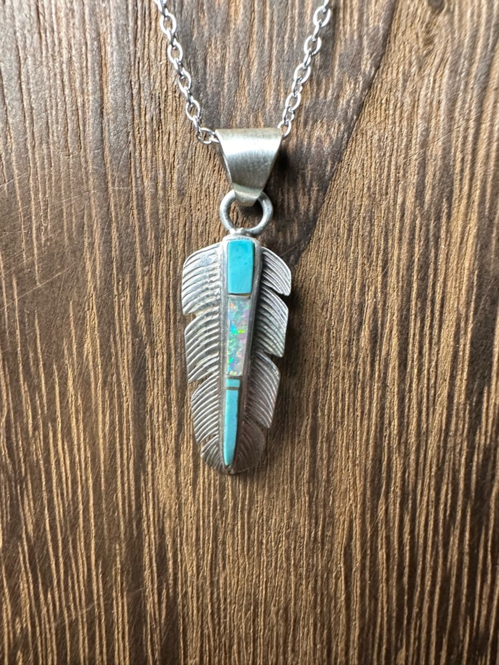 Sterling Silver Feather Pendant Necklace with Turquoise and Opal Inlay in Chain - Picture 7 of 11